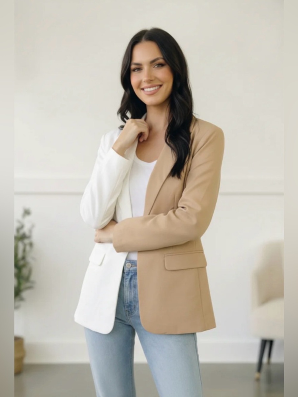 NWT [Haptics] Two-Tone Beige/White Button Lined Blazer Jacket Women’s 1X 2X 3X - Picture 3 of 12